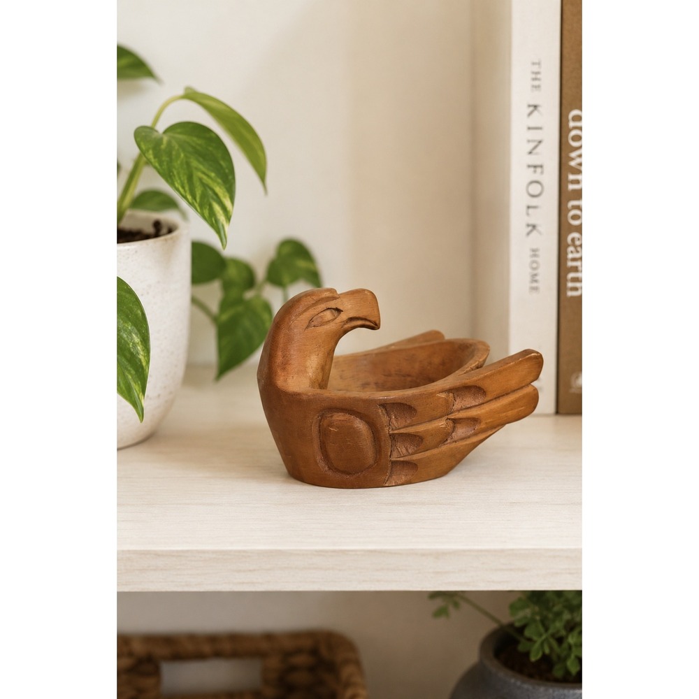 Vintage Hand Carved Cedar Eagle Bowl Northwest Coast Style Wood Folk Art Decor